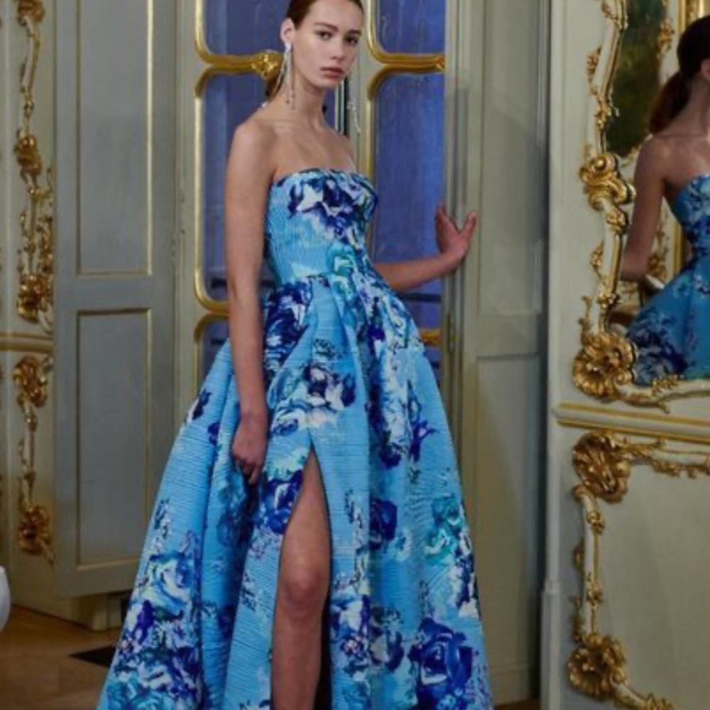 Monique Lhuillier Blue Floral Strapless Dress
